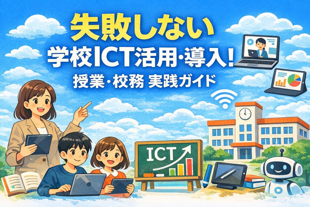学校ICT活用・導入をテーマに、タブレットなどを使って学ぶ児童生徒と教員を描いたイラスト。授業・校務で成果を出すための実践ガイドを表現したアイキャッチ画像。