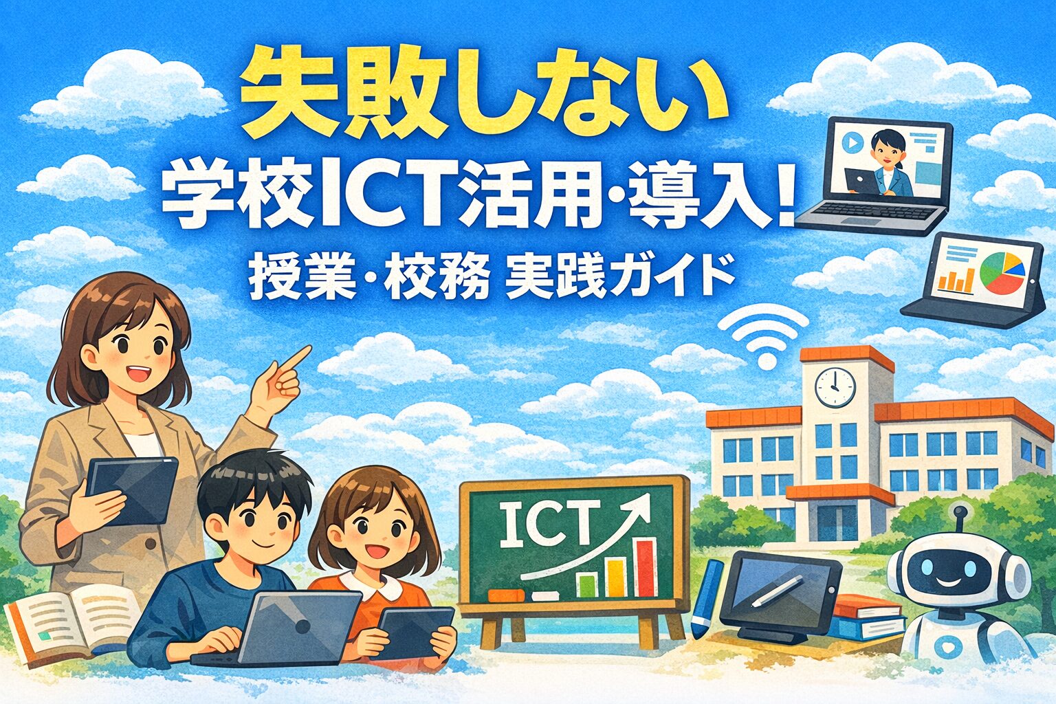 学校ICT活用・導入をテーマに、タブレットなどを使って学ぶ児童生徒と教員を描いたイラスト。授業・校務で成果を出すための実践ガイドを表現したアイキャッチ画像。